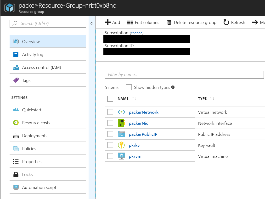 Packer resource group in Azure screenshot Packer resource group in Azure screenshot